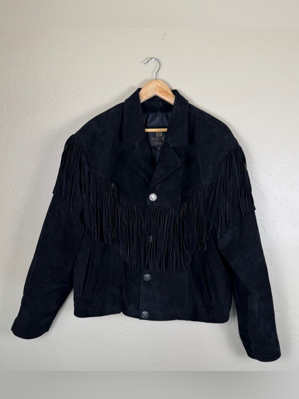 Vintage Byrnes & Baker Black Suede Leather Fringe Concho Jacket Women's Size S